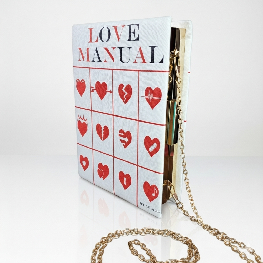 Le Miel 9x6.5x2" Love Manual Bag Book Kiss Lock Crossbody Chain White Red Heart